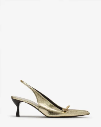 Pantofi cu toc înalt și baretă în spate Lanvin Bow din piele metalizată crăpată
