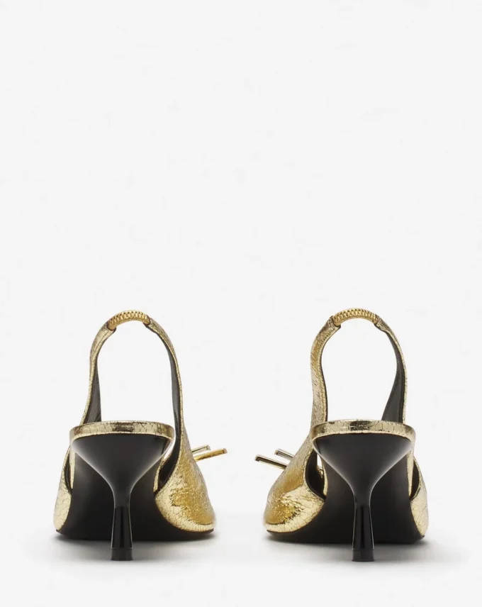 Pantofi cu toc înalt și baretă în spate Lanvin Bow din piele metalizată crăpată Pantofi cu toc înalt și baretă în spate Lanvin Bow din piele metalizată crăpată