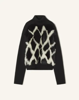Pulover cu guler înalt din lână și piele intarsia