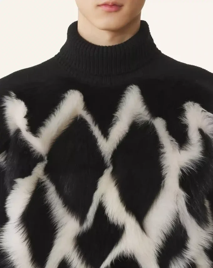 Pulover cu guler înalt din lână și piele intarsia Pulover cu guler înalt din lână și piele intarsia